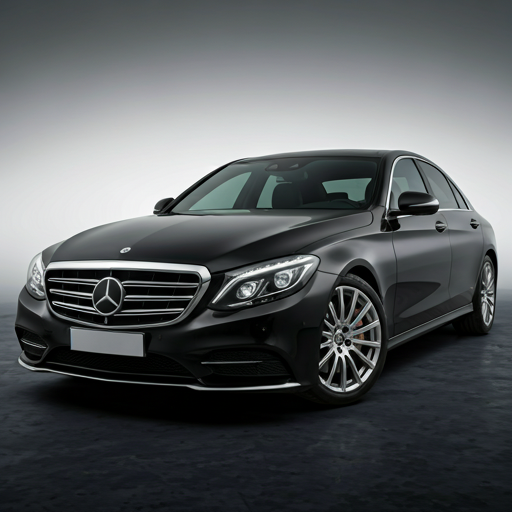 Luxury black sedan in sun-dappled courtyard with classic architecture