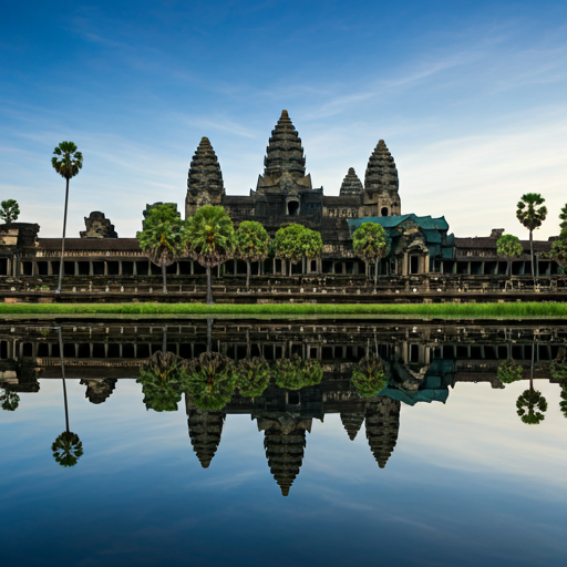Angkor Wat silhouettes reflected in water at dawn with deep blue atmospheric light