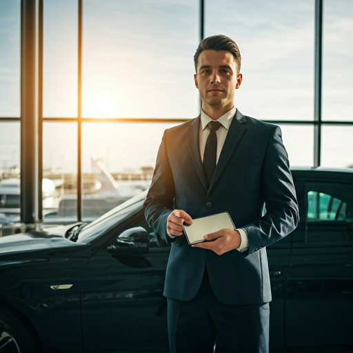 Professional chauffeur holding welcome sign at modern airport arrival terminal