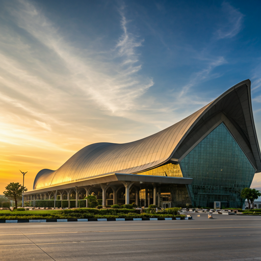 Siem Reap Angkor International Airport SAI modern facade at sunset