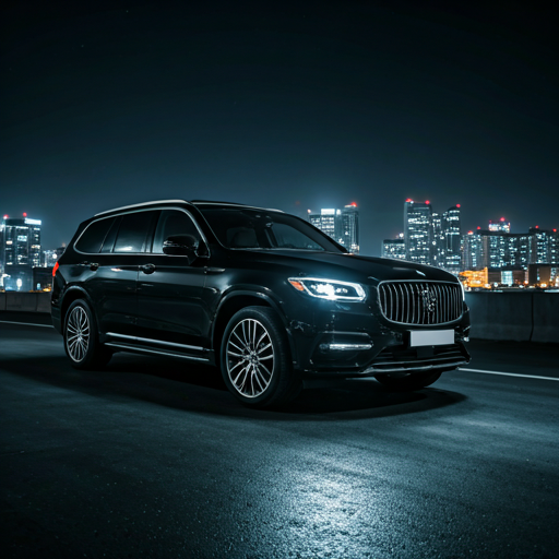 Premium black SUV parked at modern building at twilight for private car booking