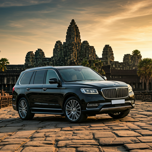 Premium SUV parked at Cambodian temple at golden hour