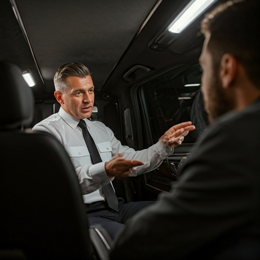 Professional multilingual chauffeur speaking with passenger in premium vehicle