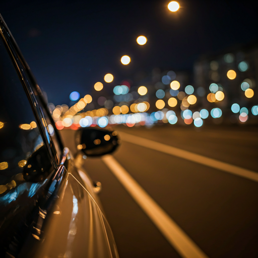 Night city lights viewed from luxury car window