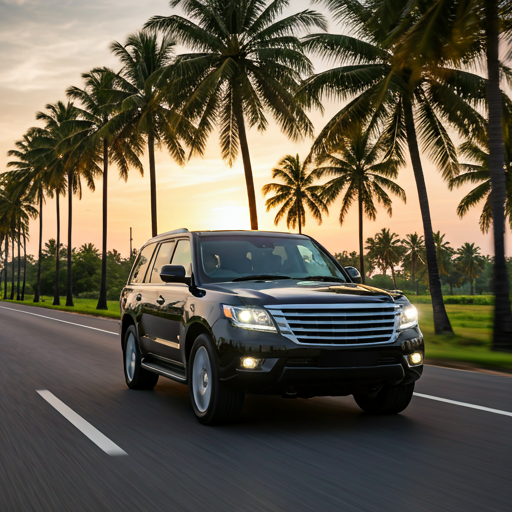 Premium SUV driving along scenic Cambodian road at sunset