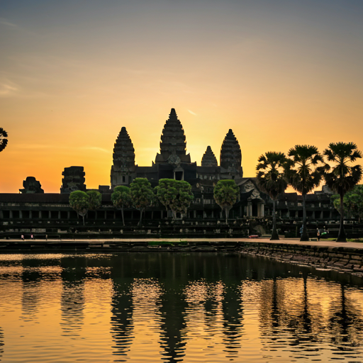Angkor Wat temple towers reflected in lotus pond at golden sunrise