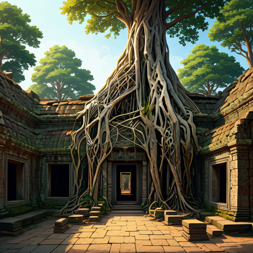 Giant tree roots consuming ancient stone walls at Ta Prohm temple, dramatic monochrome