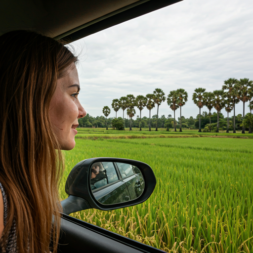 Traveler enjoying scenic rice field view from private car in Cambodia