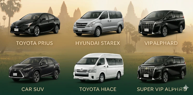 Cambodia Private Car Services fleet — six vehicles arranged in a panoramic grid: Toyota Prius, Hyundai Starex and VIP Alphard on top row; Car SUV Lexus, Toyota Hiace and Super VIP Alphard on bottom row